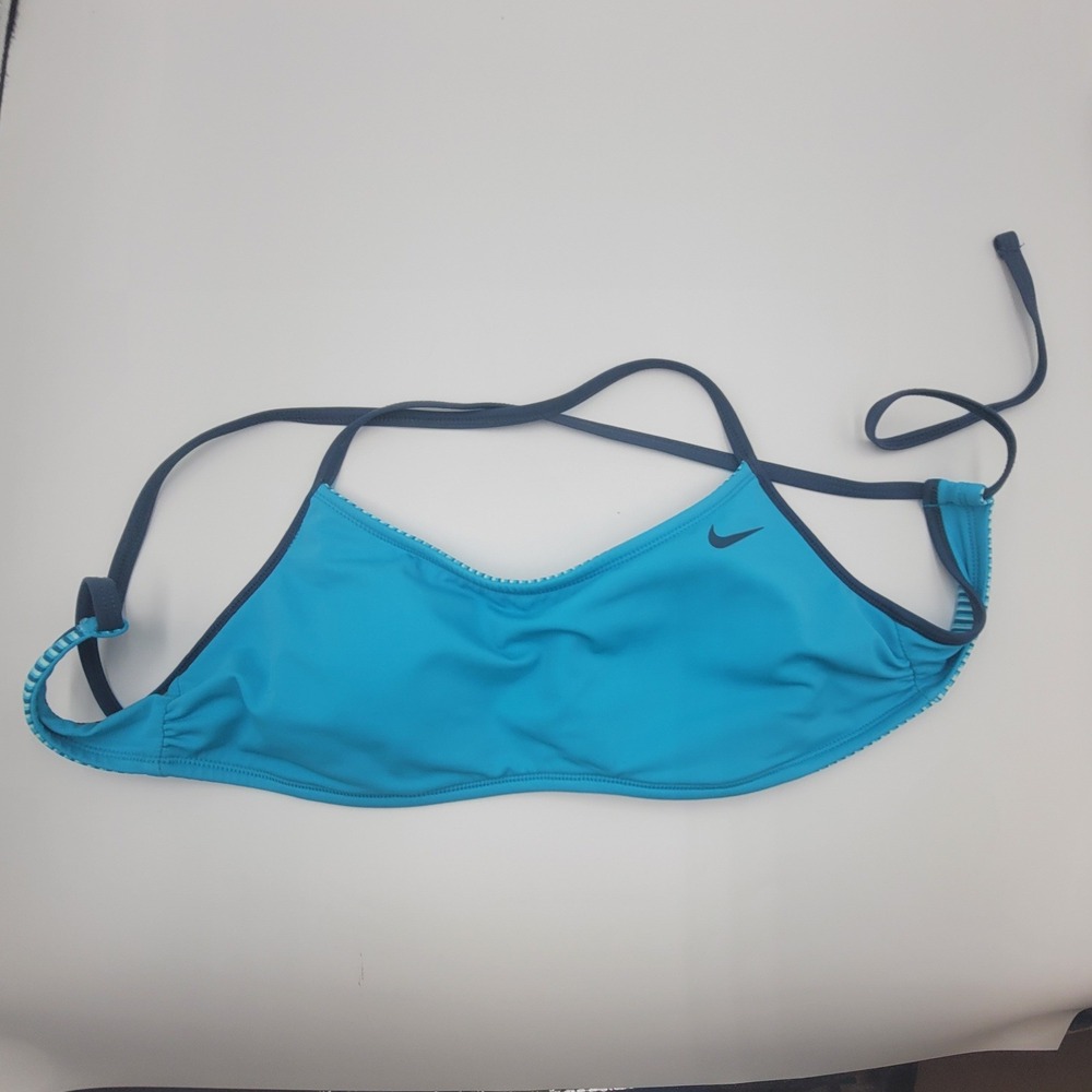 Nike Reversible Bikini Top Blue Turquoise Striped Athletic Swoosh Swimwear Sz L